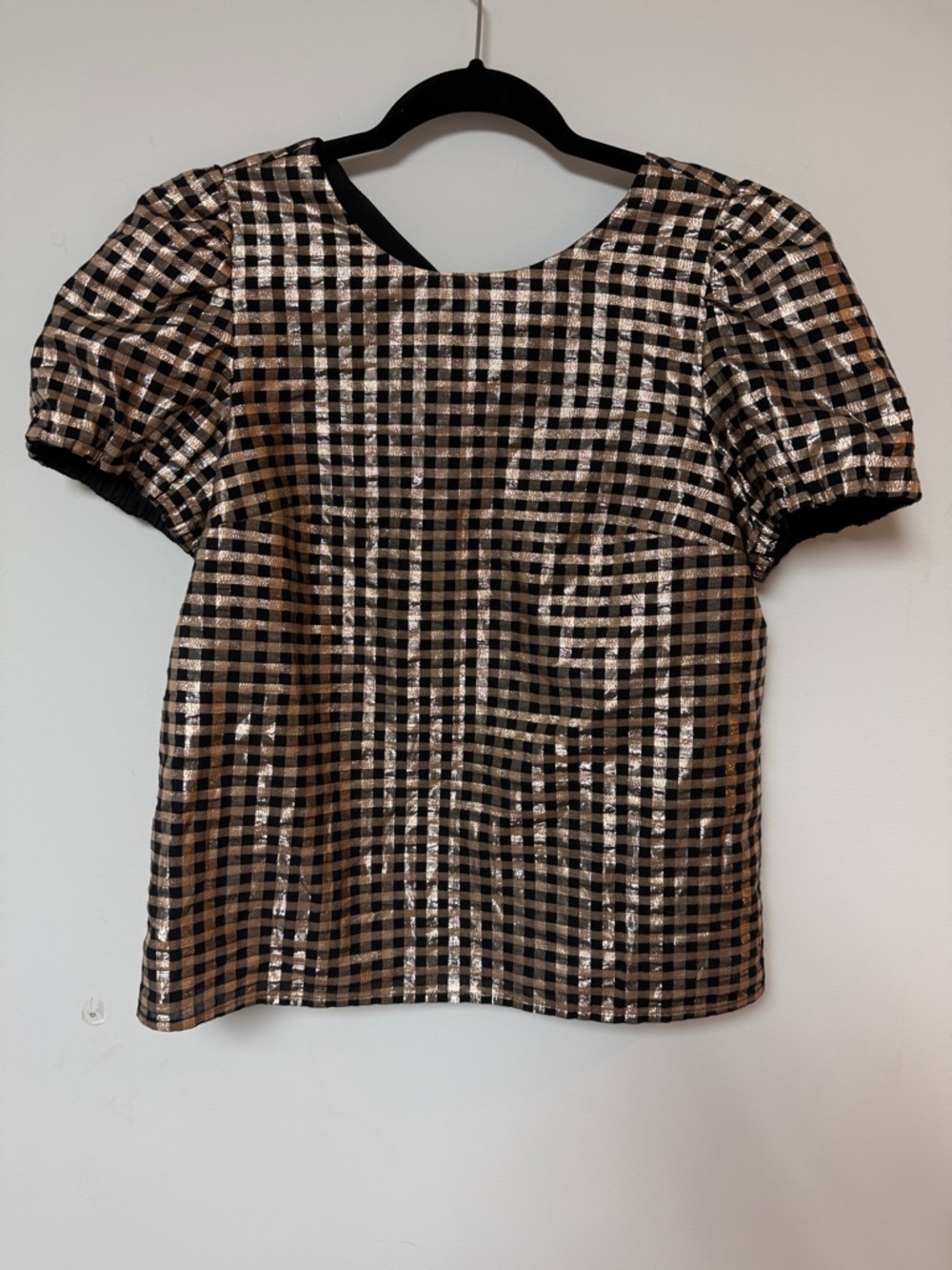 J. Crew Black and Gold Checked Puff Sleeve Top